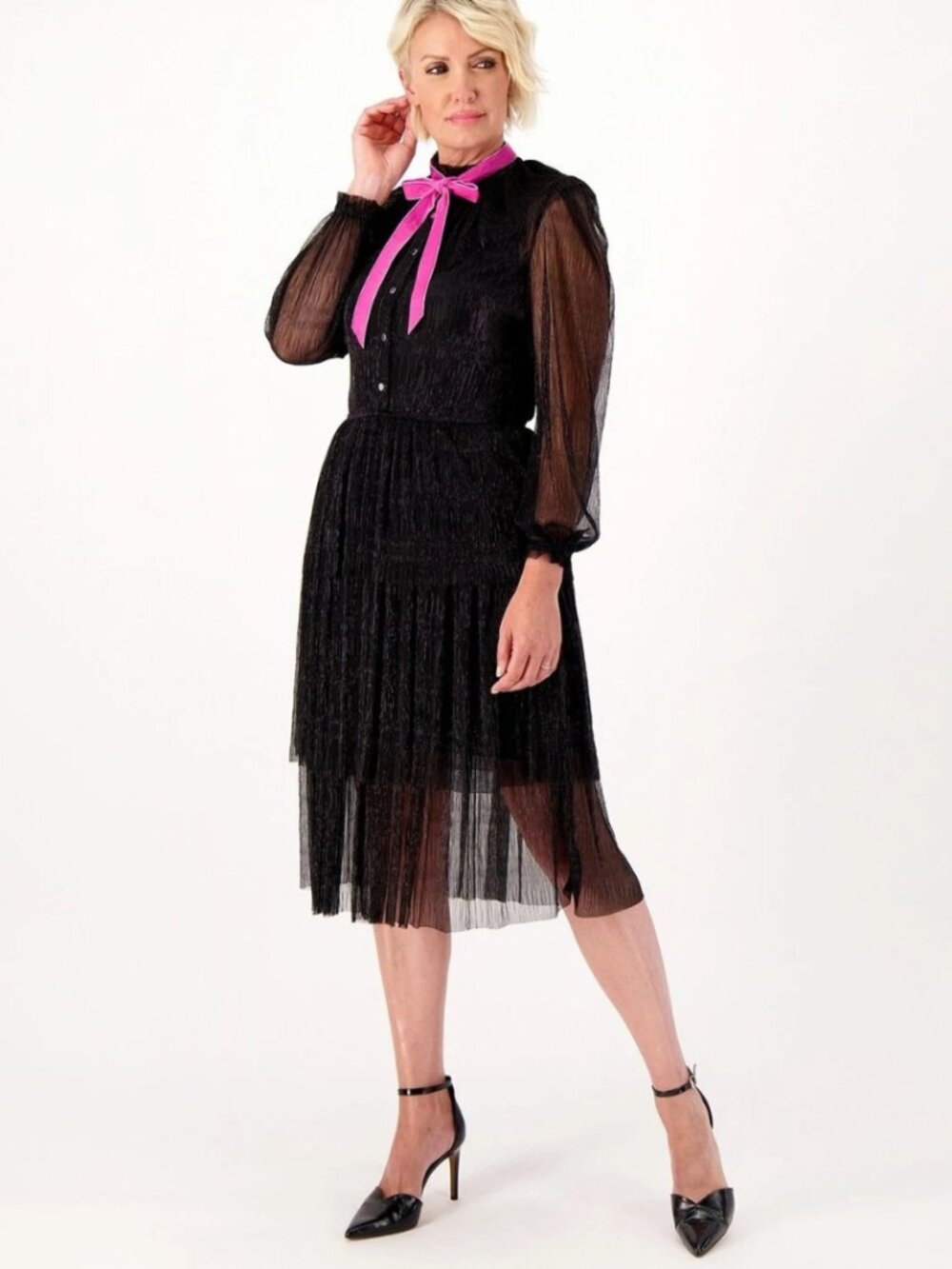 Metallic Pleat Tiered Dress Velvet Tie